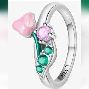 Sterling Silver Ring with Pink and Green Floral Design